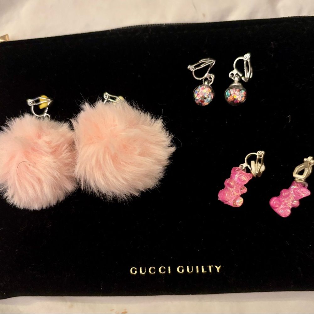 Pink Faux-Fur Pom & Gummy Bears & Balls Clip-On Earrings Lot of 3 sets girls